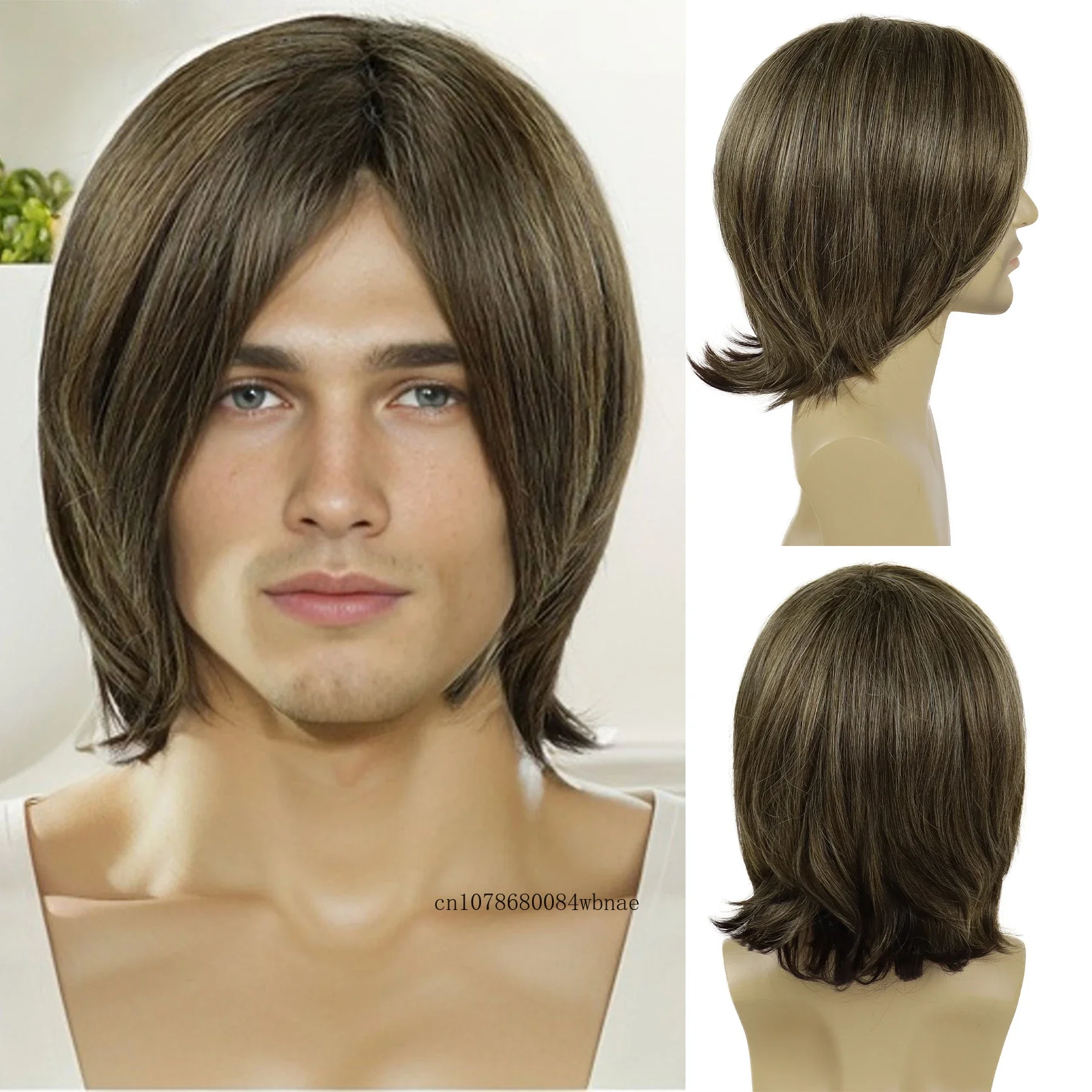 Short Synthetic Hair Wigs Bob Brown Straight Remy Wig with Bangs for Men Boys High Temperature Fiber Daily Party Costume Use