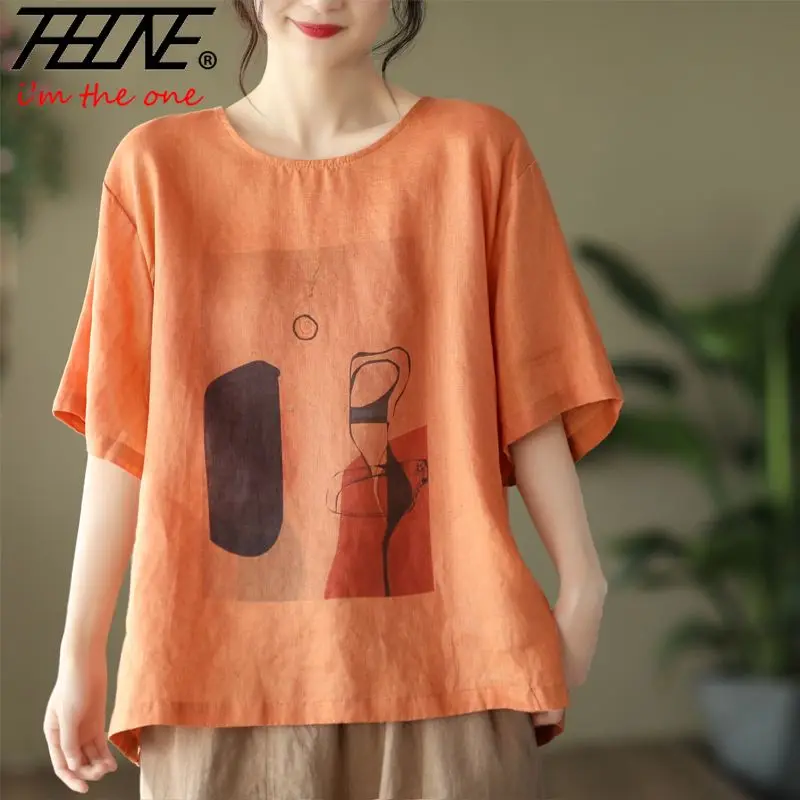 T-Shirts Summer Women\'s Clothing Cotton Linen Casual Fashion Woman Blouse 2023 O-Neck Short Sleeve Loose Vintage Cartoon