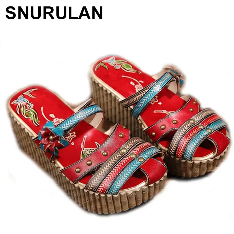

SNURULAN 2021 summer new leather cowhide thick bottom flat sandals national candy color ladies home sponge cake slippers