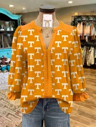 Tennessee Letter Print Pleated V-neck Puff Sleeve Top asual Long Sleeve Blouses Fashion Pullover