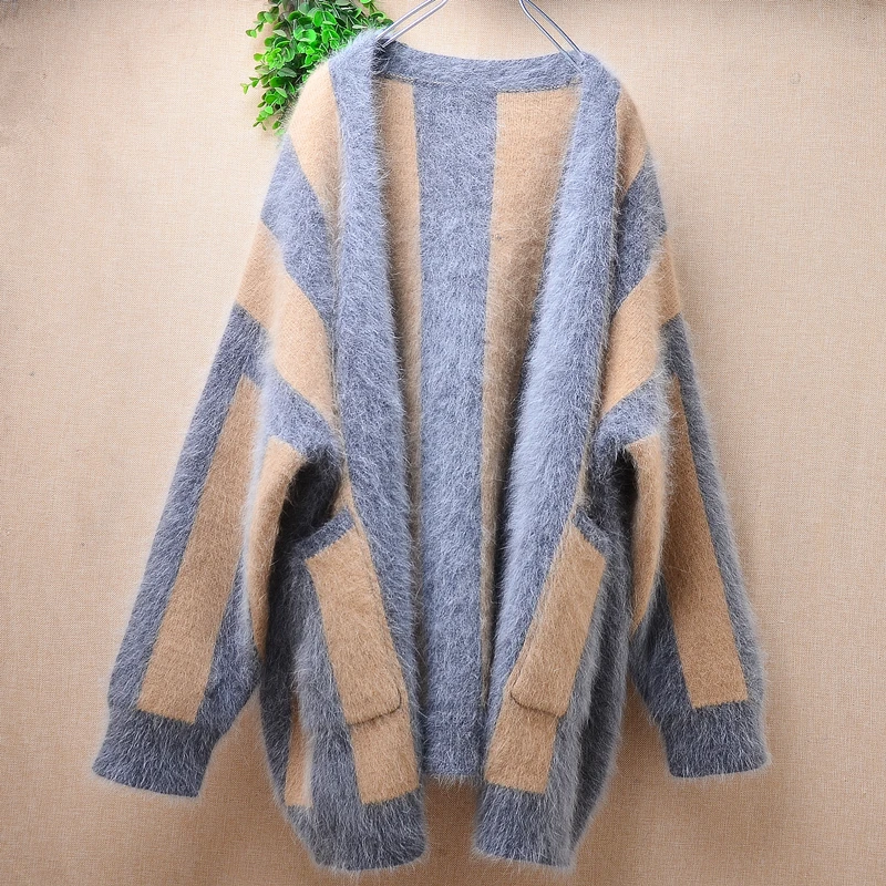 Women Mujer Autumn Winter Clothing Hairy Thick Warm Angora Rabbit Hair Knitted Striped Loose Cardigans Mantle Sweater Jacket Top