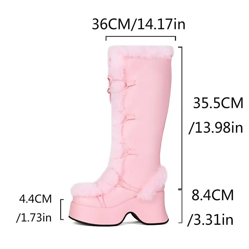 

ORCHA LISA Women's Knee High Snow Boots Round Toe 8.4cm Block Heel 4.4cm Platform Lace Up Furry Warm Big Size 41-43 Winter