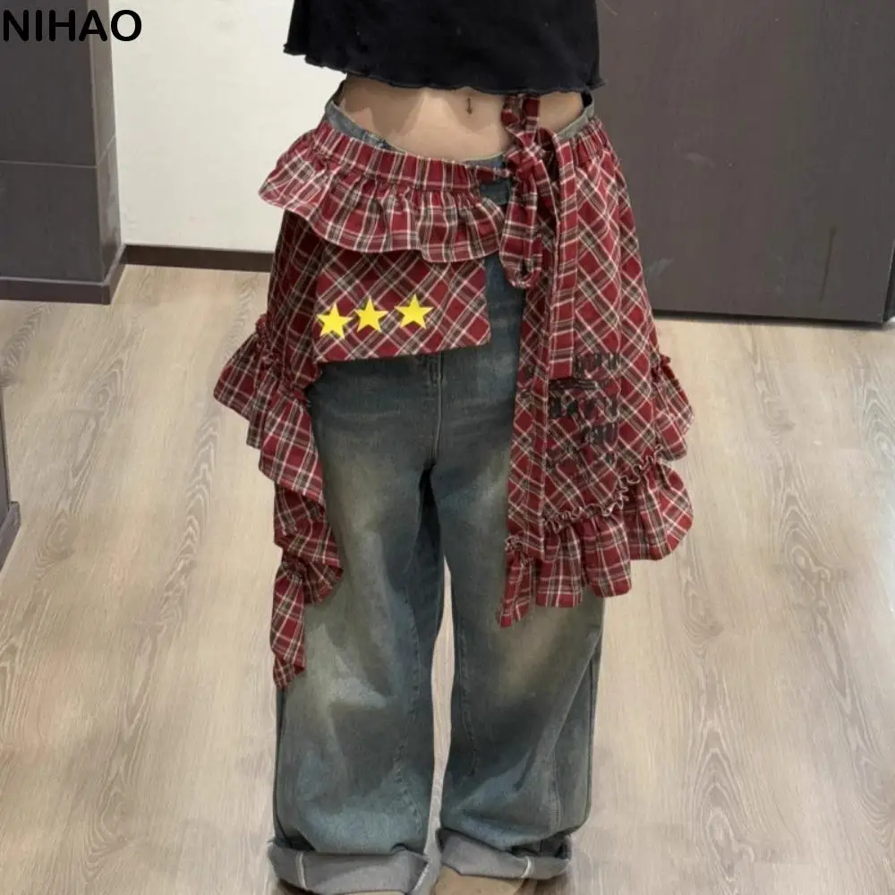 

Star Layer Outfits Plaid Skirt Hip-hop Sweet Lace Up Hip Scarf Korean Style Shirt Extender Ruffled Edge Waistband