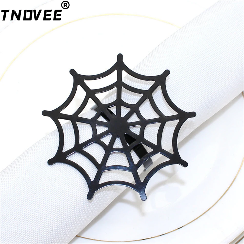 12Pcs Mixed Halloween Napkin Rings Black Spider Castle Spider Web Napkin Holder Buckle Serviette for Holiday Banquet Party Decor