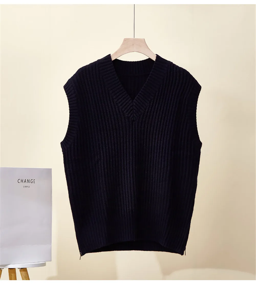 여성 가을, 겨울 새로운 V 넥 사이드 지퍼 울 니트 조끼 탑