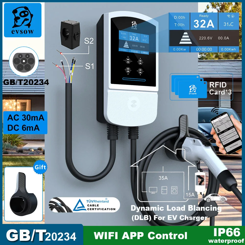 Evsow ev carregador gbt carga dinâmica branqueamento carregador de carro elétrico com controle app wifi tela 4.3 polegadas 22kw 32a 3p evsee wallbox