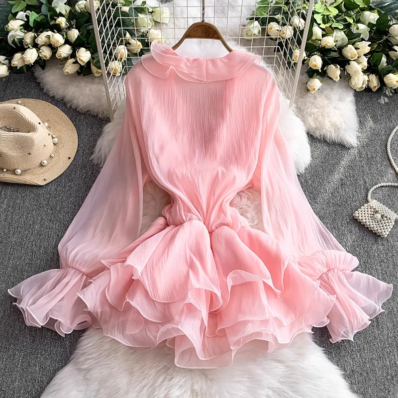 Robe courte à volants de Style français, Mini robe élégante à lacets, motif Floral 3D, décolleté en v profond, robe féerique, manches évasées, rose pour femmes