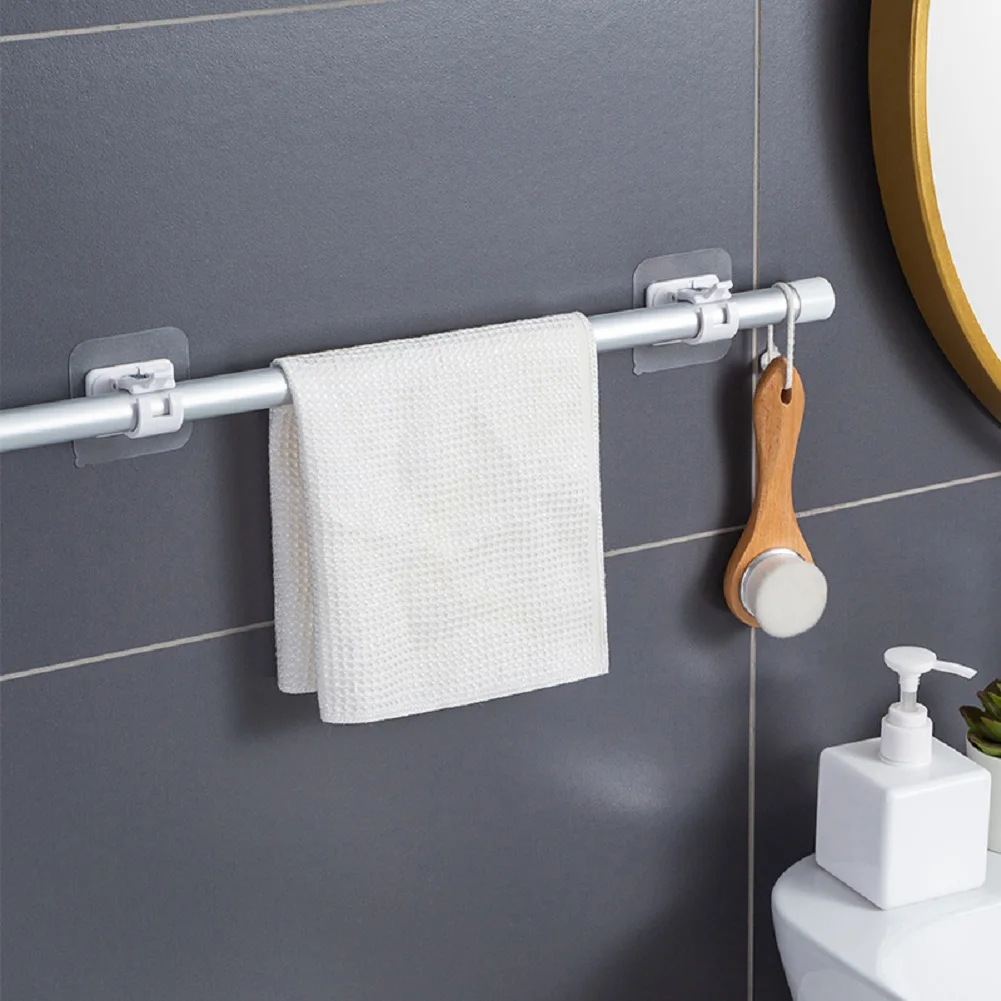 2Pcs Hooks Bracket Self Adhesive Shower Curtain Rod Holders Brackets No Drill Bathroom Towel Bar Support Adjustable Pole Clamps