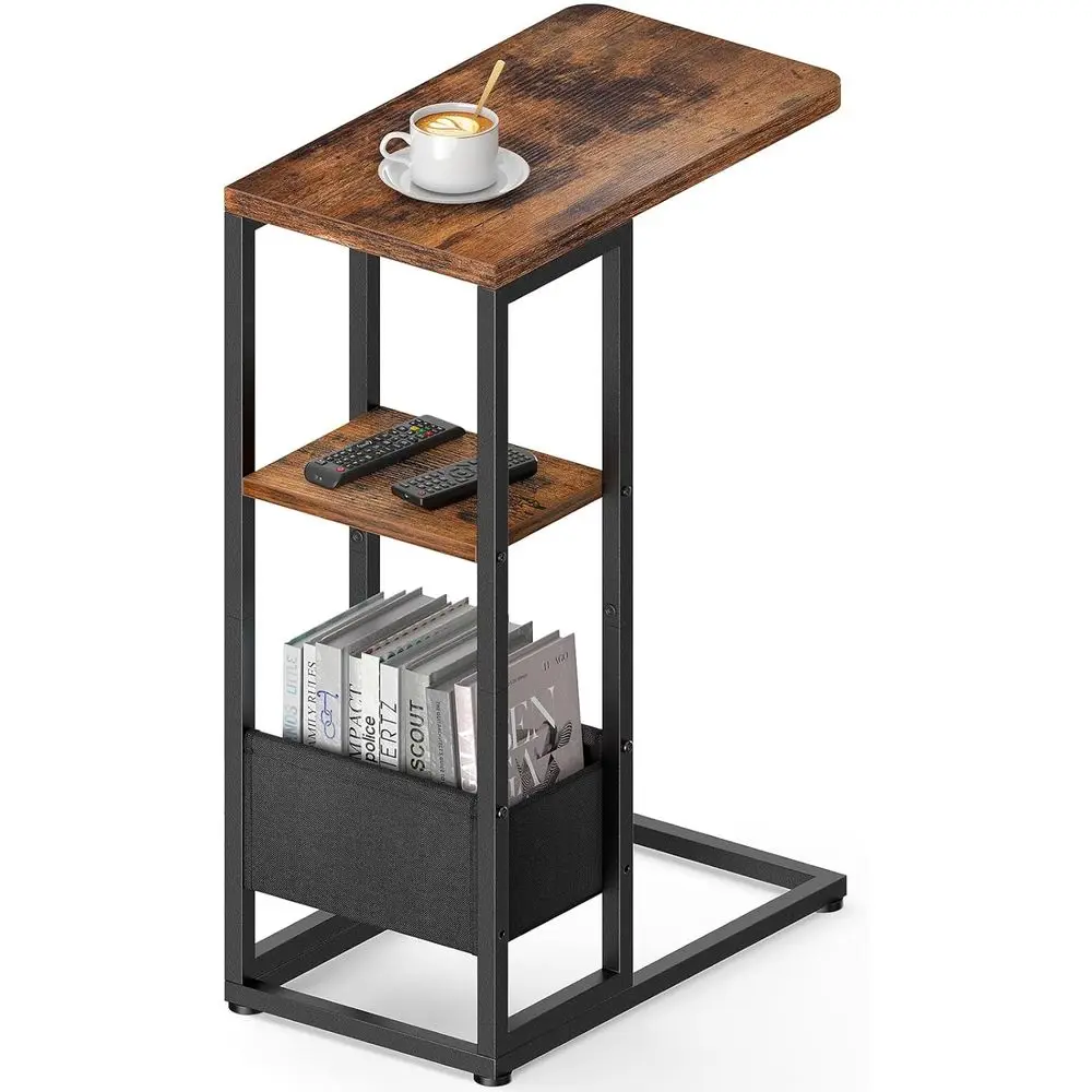 

Rustic Brown C-Shaped Side Table with Storage for Living Room, Bedroom, and Small Spaces