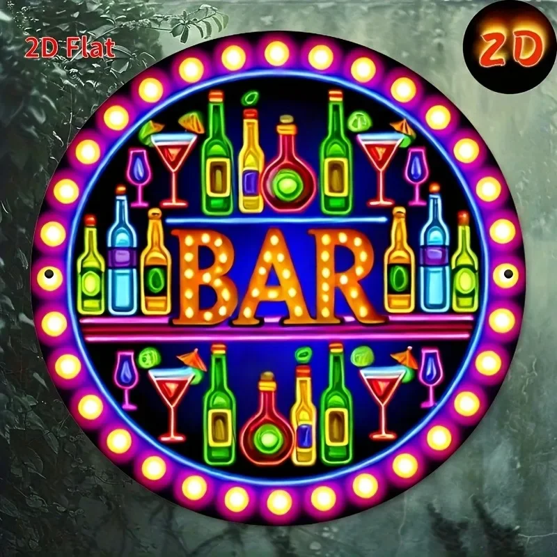 Neon Bar Wine Bottle Metal Sign 1PC 2D Flat 20x20cm Round Retro Pub Club Indoor Wall Hanging Decoration