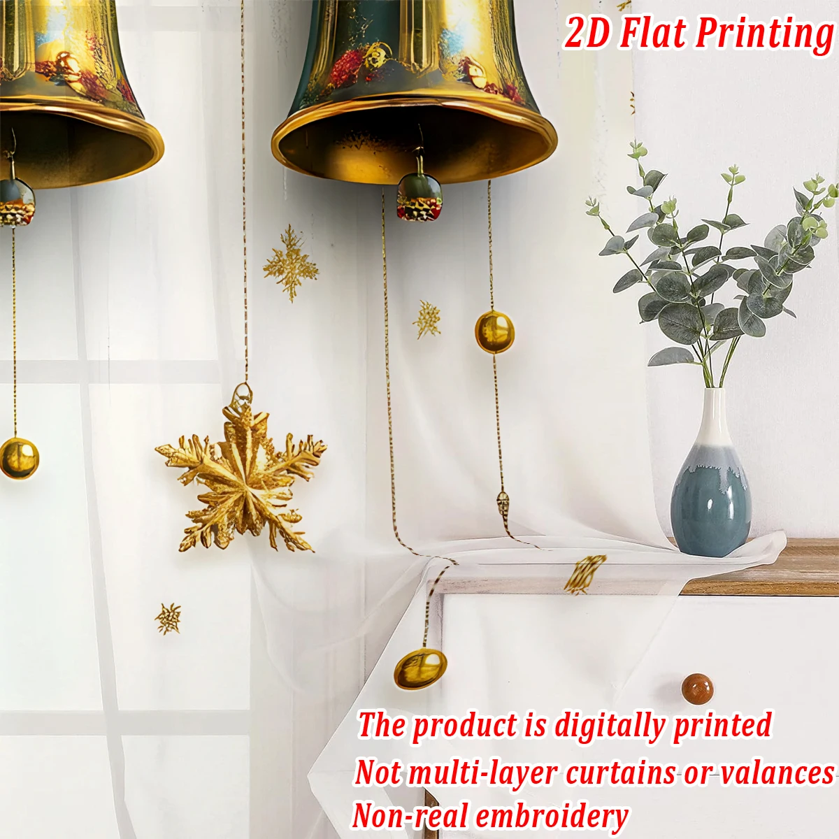 ستارة شفافة مطبوعة مسطحة لعيد الميلاد مع أجراس عيد الميلاد، وأشرطة الفراشة، لحفلات ديكور نوافذ باب غرفة المعيشة وغرفة النوم