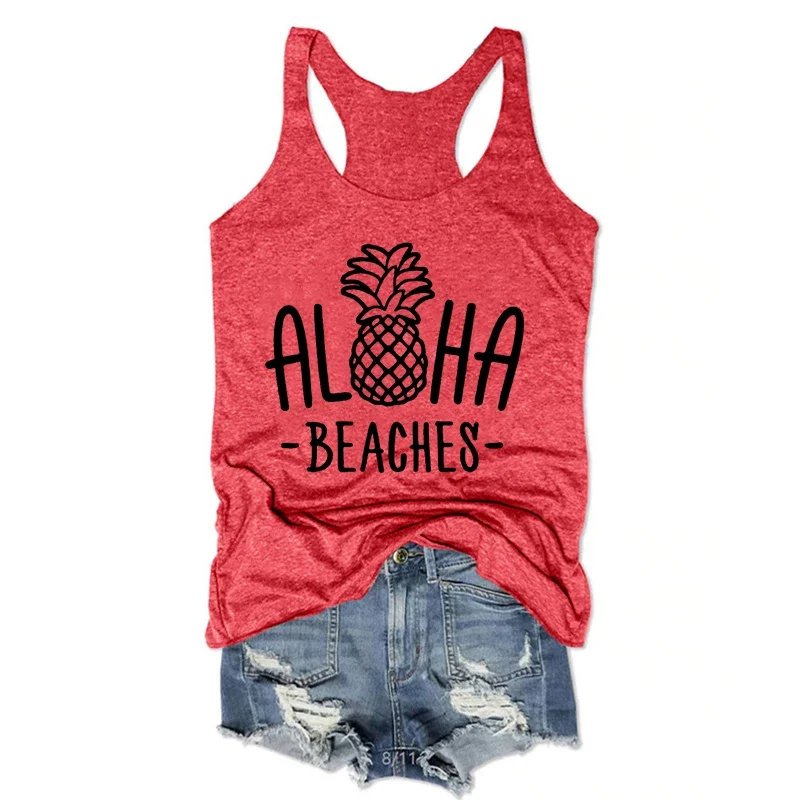 

Aloha Beaches White Top Summer Beach Tops Vacation Pineapple Fashion Clothing Funny Hawaii Tank Top Women Casual