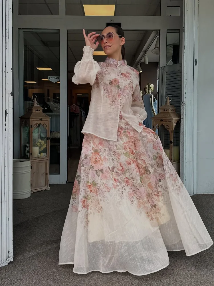 

Casual Flower Printed Shirt Skirt Sets Women Full Sleeved Button Top Pleated A-line Long Skirts 2025 Summer Vacation Lady Outfit