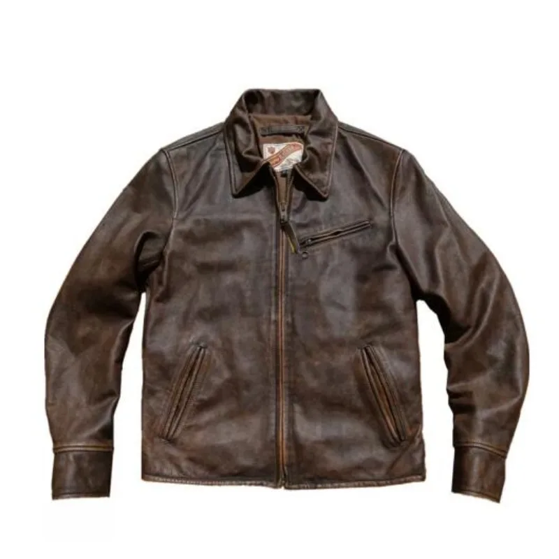 1930 Reissue Vintage Men's Genuine Leather Jacket Tea Core Cowhide Lapel Motorcycle Biker Coat Chaqueta Cuero Hombre Retro