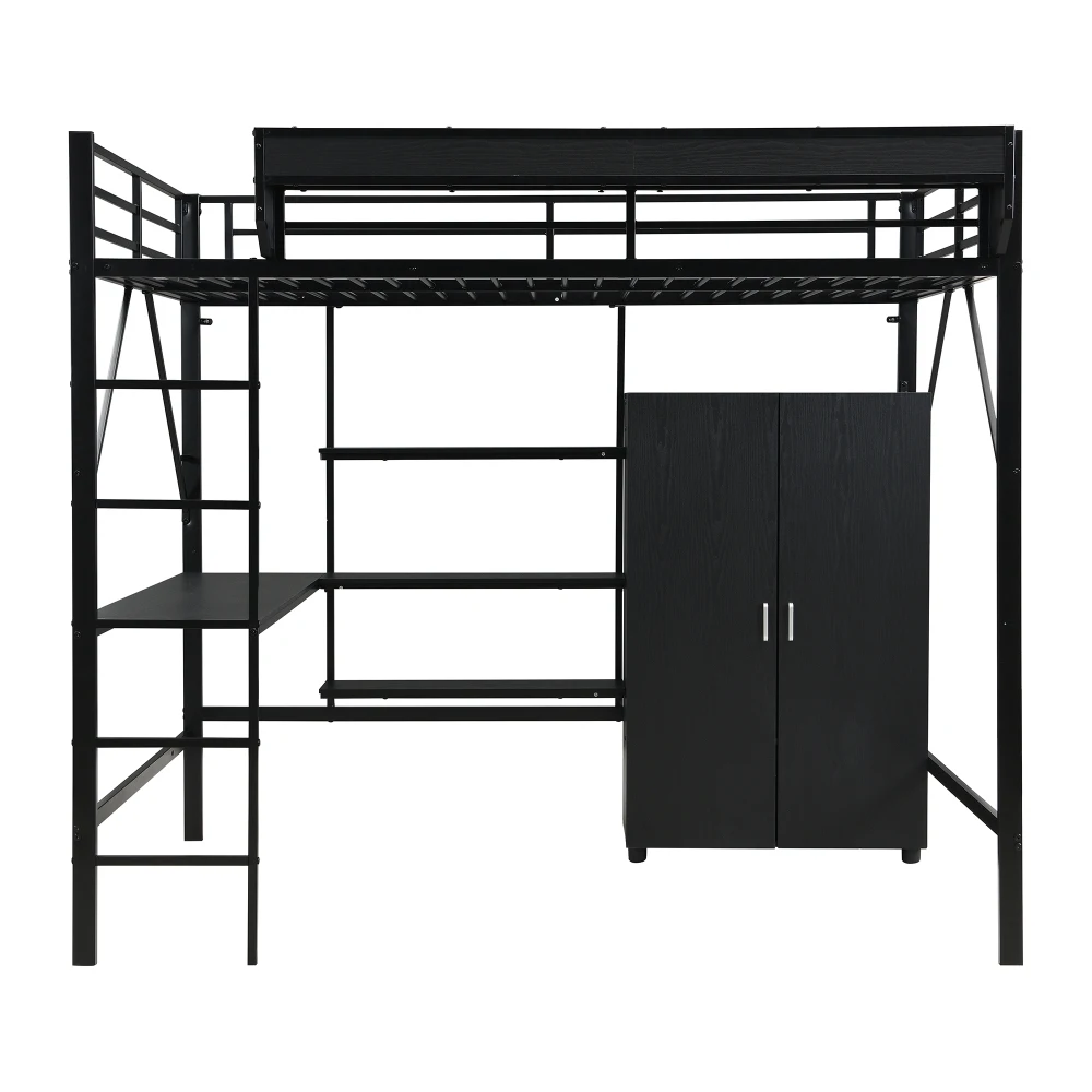 PINGGO Eisen-Hochbett mit Schreibtisch, Doppelstauraum, Kleiderschrank, Eisen-MDF, Schwarz, 140x200cm, ohne Matratze – Detail 11