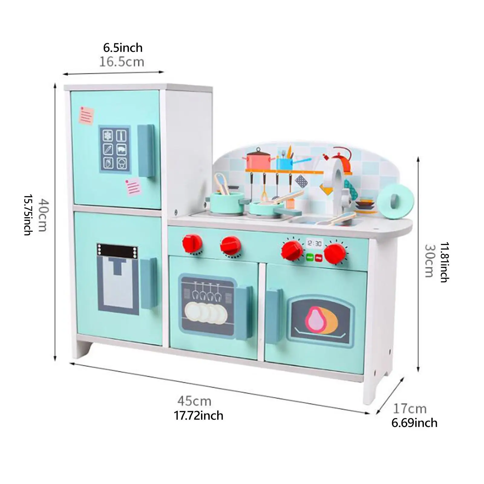 Giocattolo da cucina in legno per bambini che imparano con frigorifero e accessori