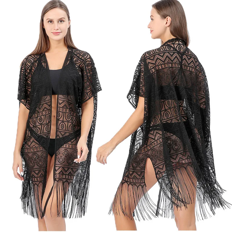 Cardigan con frange geometriche europee e americane, protezione solare ricamata, cappotto da spiaggia in pizzo nero transfrontaliero, camicetta lunga bikini