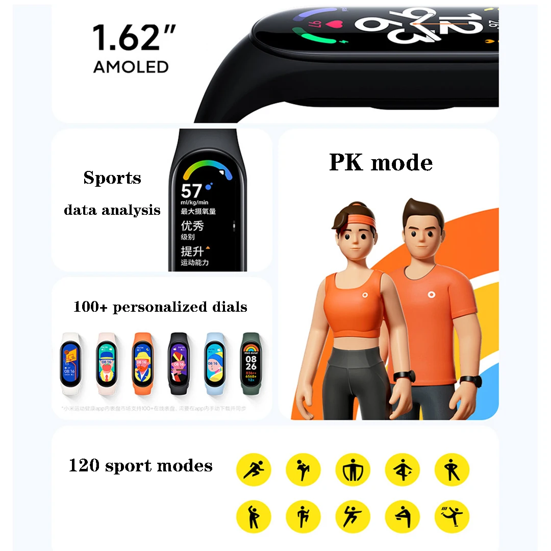 Xiaomi-Mi Band 7 Versão Global Banda Inteligente, 1.62 "AMOLED, Bluetooth 5.2, 120 Modos de Treino, Análise Profissional