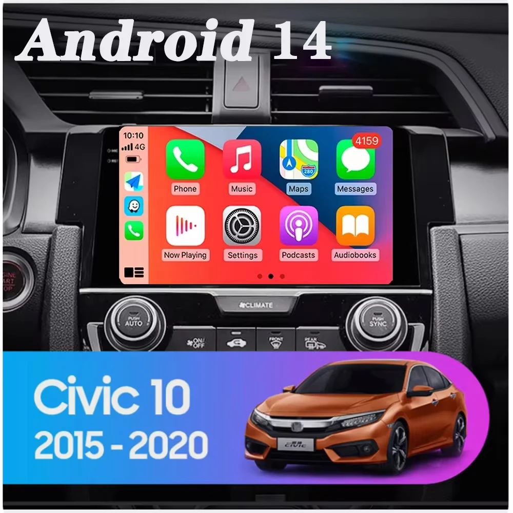 For Honda Civic 10th 2016 2017 2018 2019-2021 Android 14 Carplay Auto Car Radio Multimedia Video Player Navigation GPS 4G WIFI