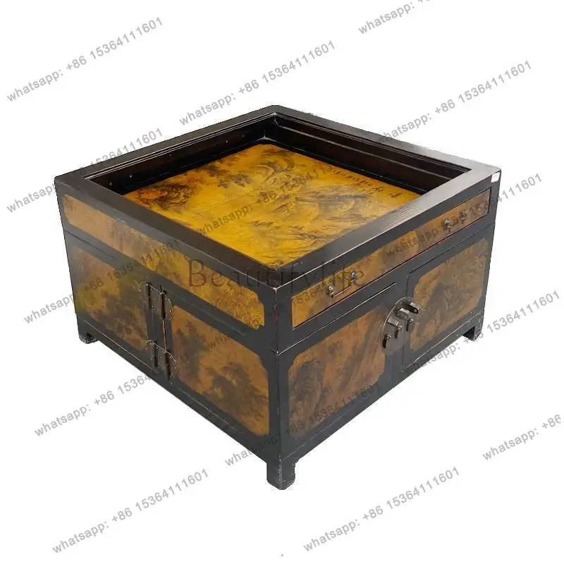 Chinese retro painted all solid wood home classic glass surface with drawer tea table