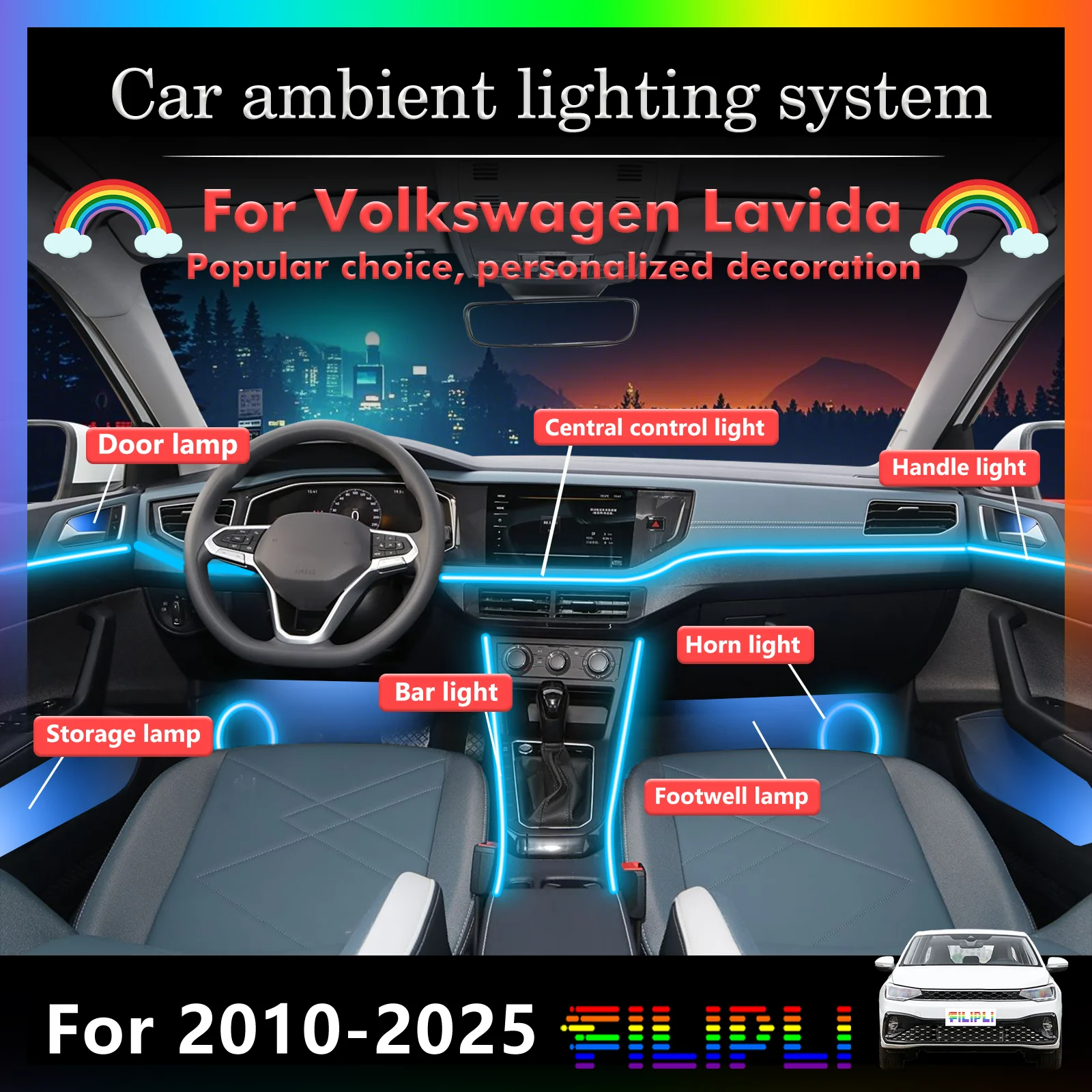 

Для Volkswagen Lavida салон автомобиля настроение окружающий свет RGB 64-цветный светодиодный умный пульт дистанционного управления атмосферная лампа энергосберегающий комплект
