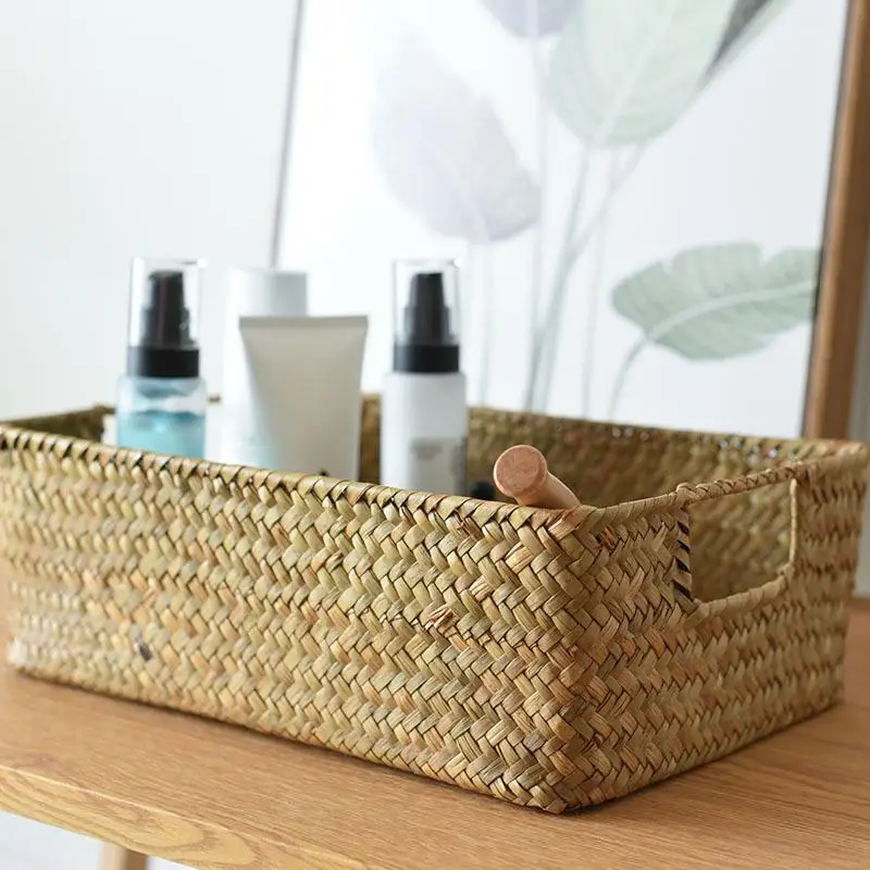 Straw Braided Rectangular Storage Basket Organizing Basket Box Braided Bamboo