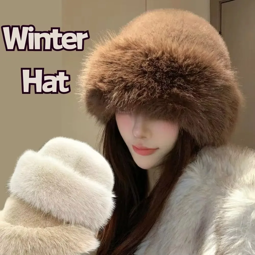 New Warm Fluffy Fur Bucket Hat Cold Thicken Panama Cap Cover Head Cap Snowy Day Plush Fisherman Hat Ear Protection Winter Hat