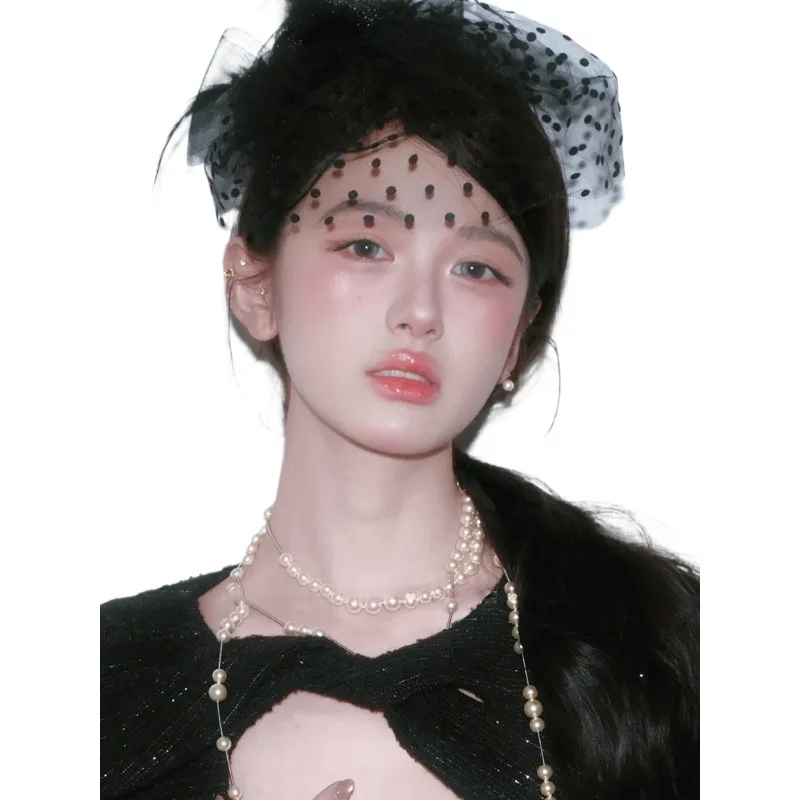 Black polka dot mesh top hat Republic of China retro daughter hairpin banquet bride wedding dress hair accessories