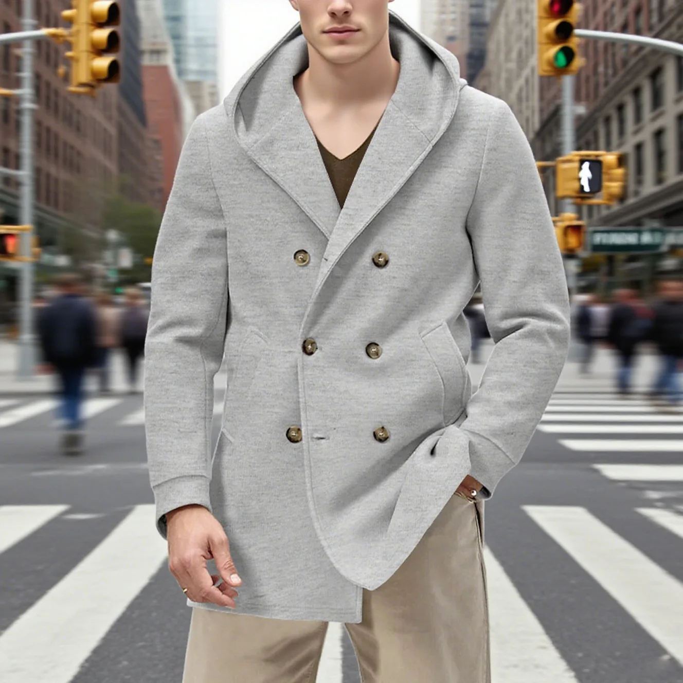 

Мужское осенне-зимнее двубортное пальто средней длины с капюшоном для отдыха, мужской классический однотонный уличный плащ, повседневная ветровка