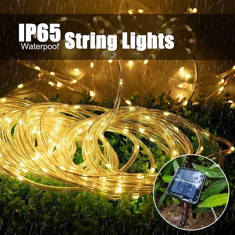 Solar Powered Garland String Luz, LED, Strip Corda, Tubo, Fada, Ao ar livre, Decoração de Natal, Jardim, Gramado, Árvore, Quintal, Cerca