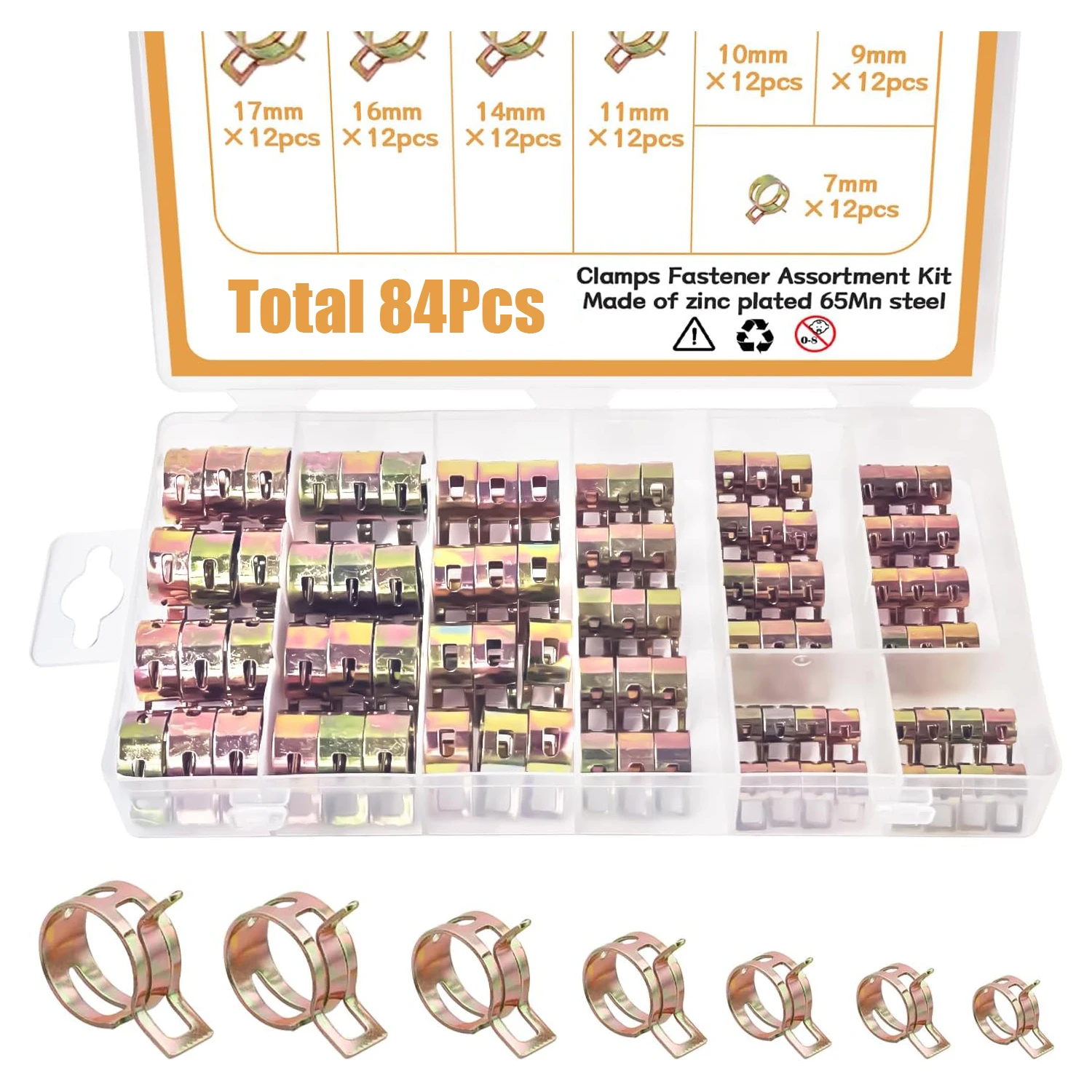 

84 шт., 7-17 мм, 7 размеров, марганцевая сталь, пружинный зажим для шланга, воздушный зажим низкого давления, комплект для сортировки креплений для труб, автомобилей