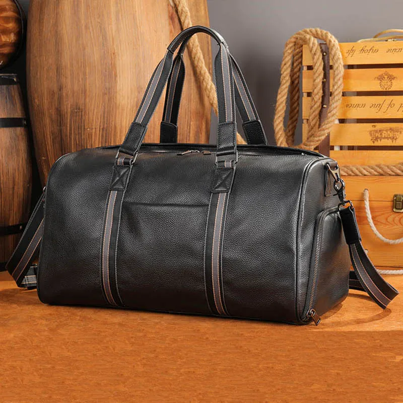 Luufan Soft Genuine Leather Travel Bag With Shoe Pocket Men Women Black Casual Travel Duffel Water Proof Weekend Luggage HandBag