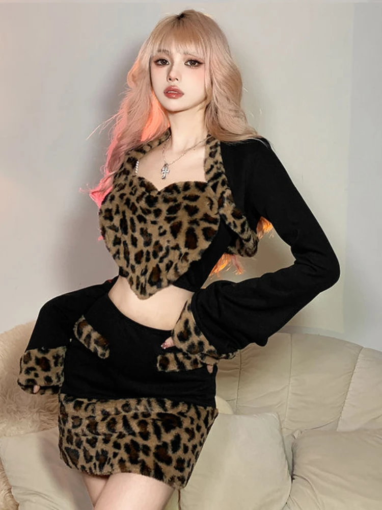 Skirts Sets Women Leopard Jackets Camisole Love Sexy All-match Patch Design Cool Fashion Vintage Spring Korean Style Ladies New