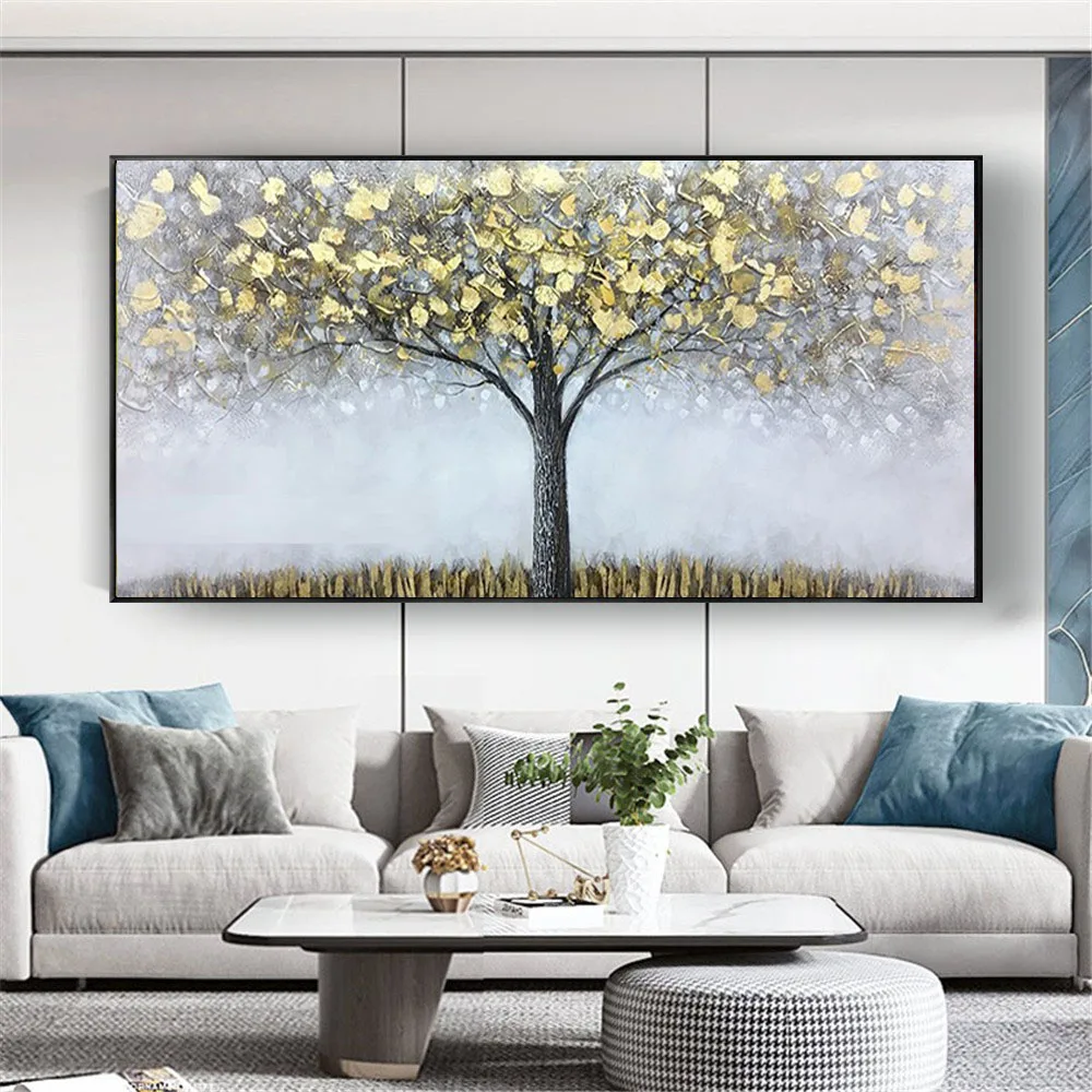 The Latest Design 100% Hand-Painteds Wealth Tree Restaurant Mural Large Gold Gray Bottom Abstract Poster Wall Art