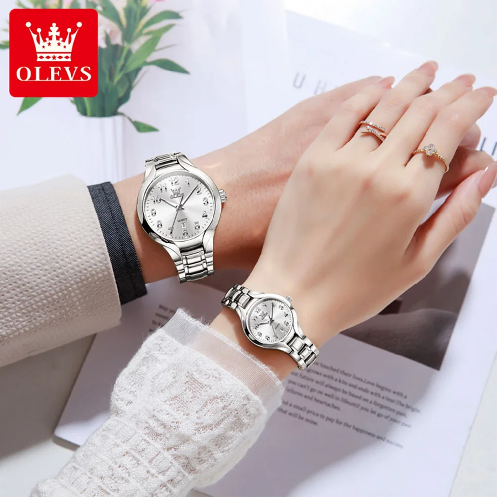 OLEVS 3650 Orologi da coppia Orologi al quarzo luminosi impermeabili Orologi con data in acciaio inossidabile per coppia Confezione regalo di moda originale
