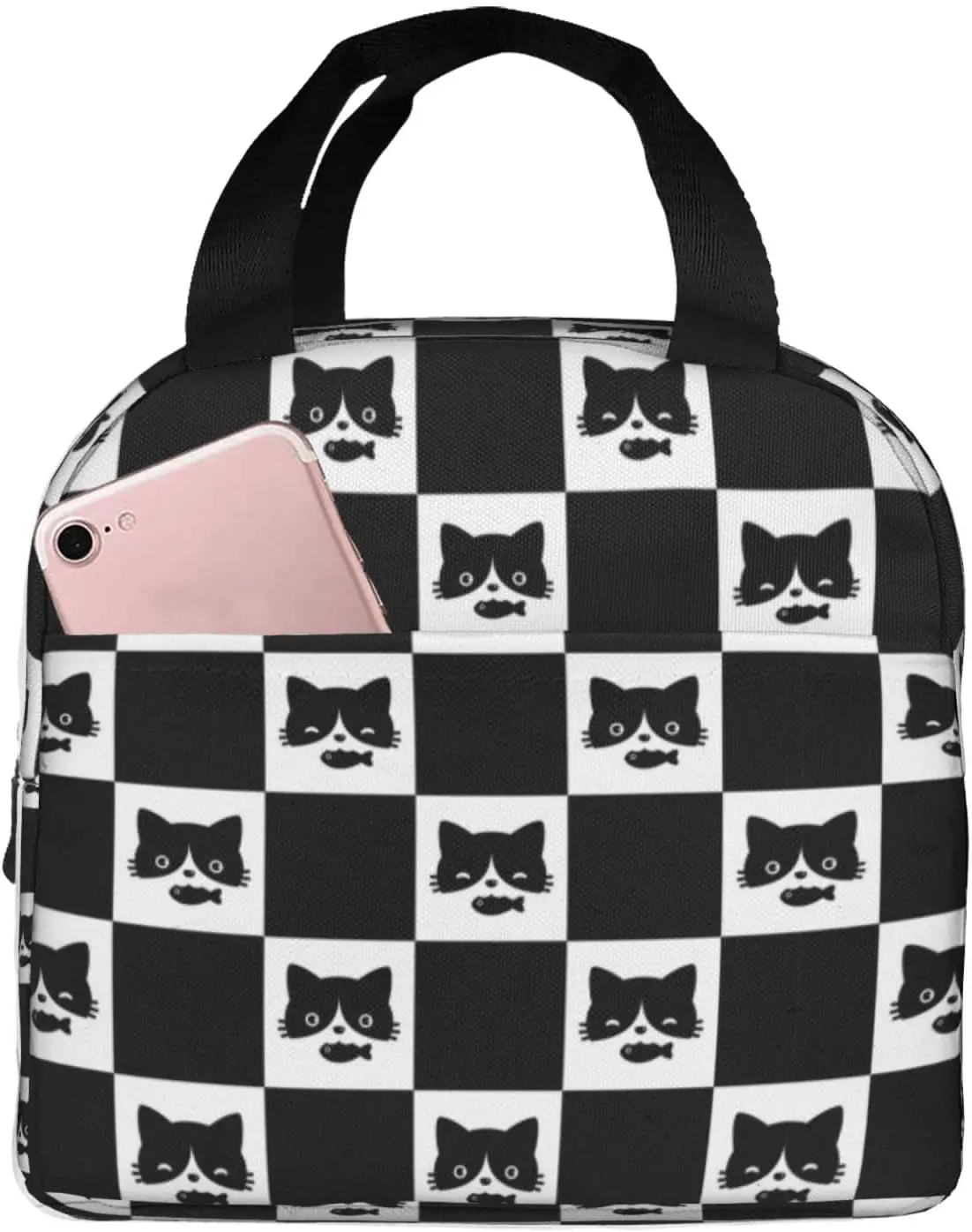 Cat Black And White Plaid Background Lunch Bag Compact Tote Bag Cat Kitten Checkered Reusable Lunch Box Container For Women Men