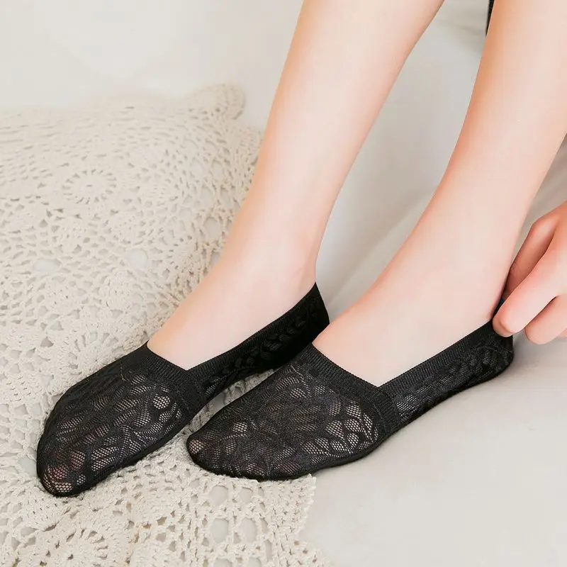 Silicone Anti-slip Short Socks Sexy Lace Flower Mesh Breathable Ankle Socks Summer Thin Invisible Low Cut No Show Socks Slippers