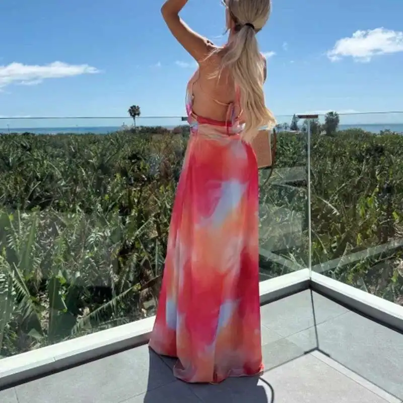 Female Sexy Halter Hollow Sleeveless Holiday Bohemian Lace Up Casual Beach Fashion Pattern Print Backless Long Dress