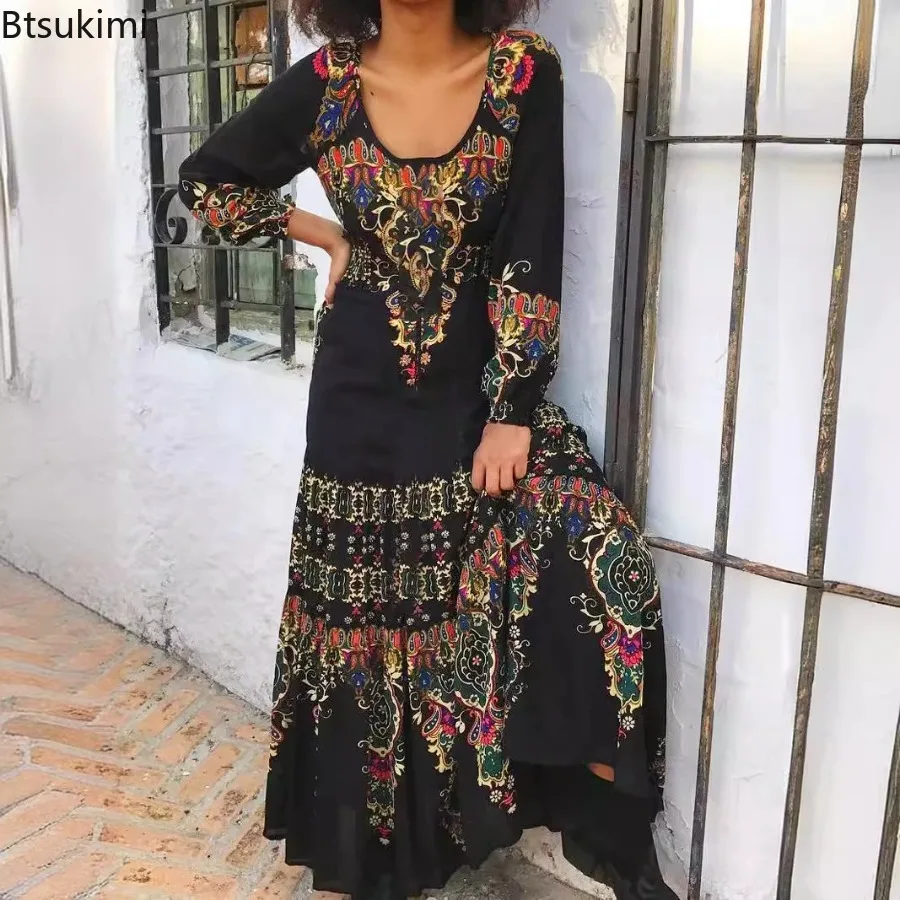 

2025 Women's Fashion Print Long Sleeve Dress Vintage Casual O-Neck Big Hem Maxi Dress Ethnic Style Elegant Women Robes Oversized