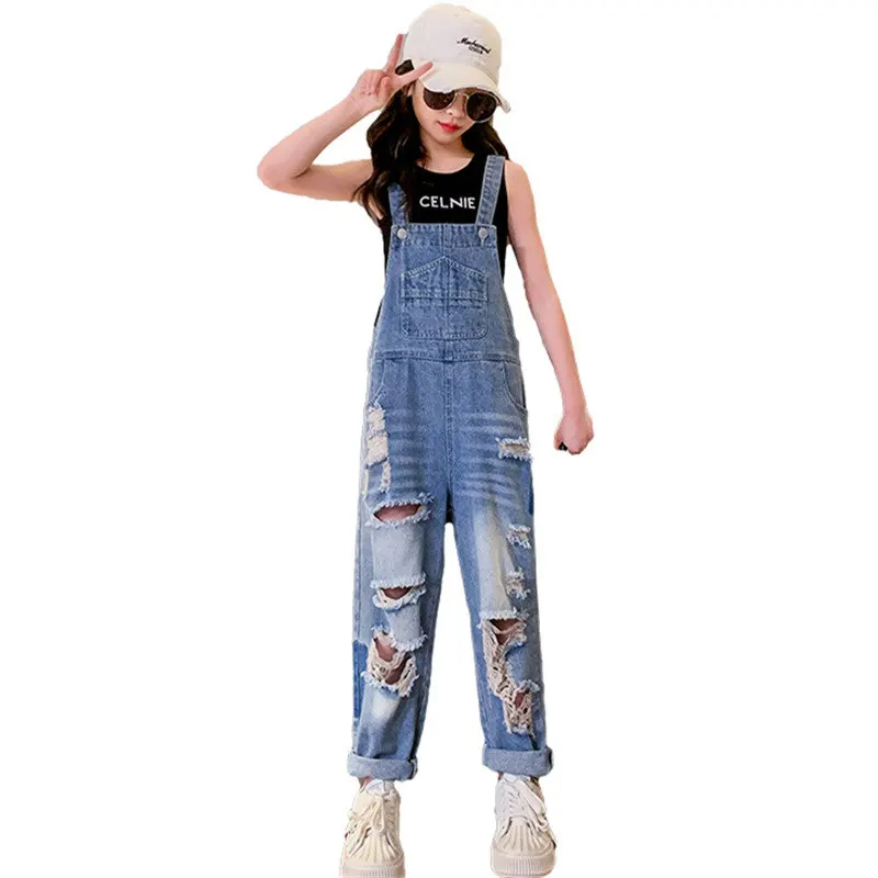 

Cool Hole Jumpsuit for Girls Summer Fashion Destory Ripped Jeans Overalls Kids Streetwear Broken Costume 4 5 6 8 9 10 12 14Years