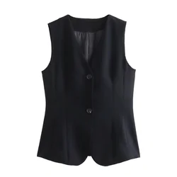 2024ZAR Spring/Summer New Women's Wear Button Decoration Slim Fit V-neck Sleeveless Tank Top Vest Coat