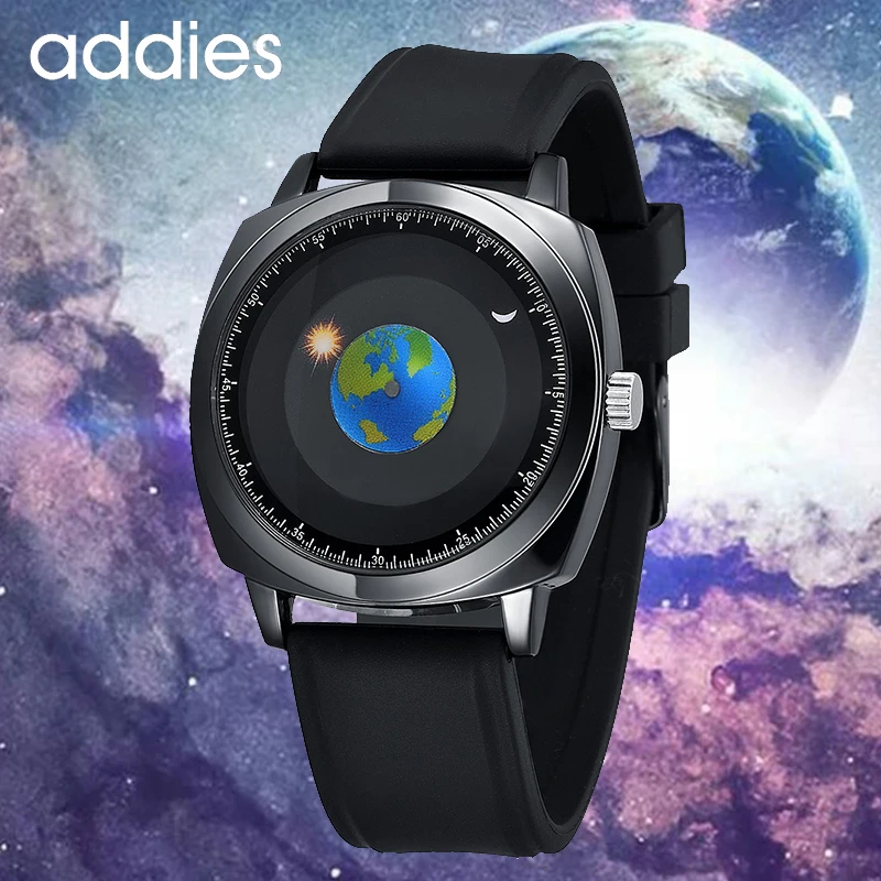 ADDIES Fashion Quartz Watch Personality Creative Rotation Earth Silicone Leather Strap Men Waterproof Watches Relogio Masculino