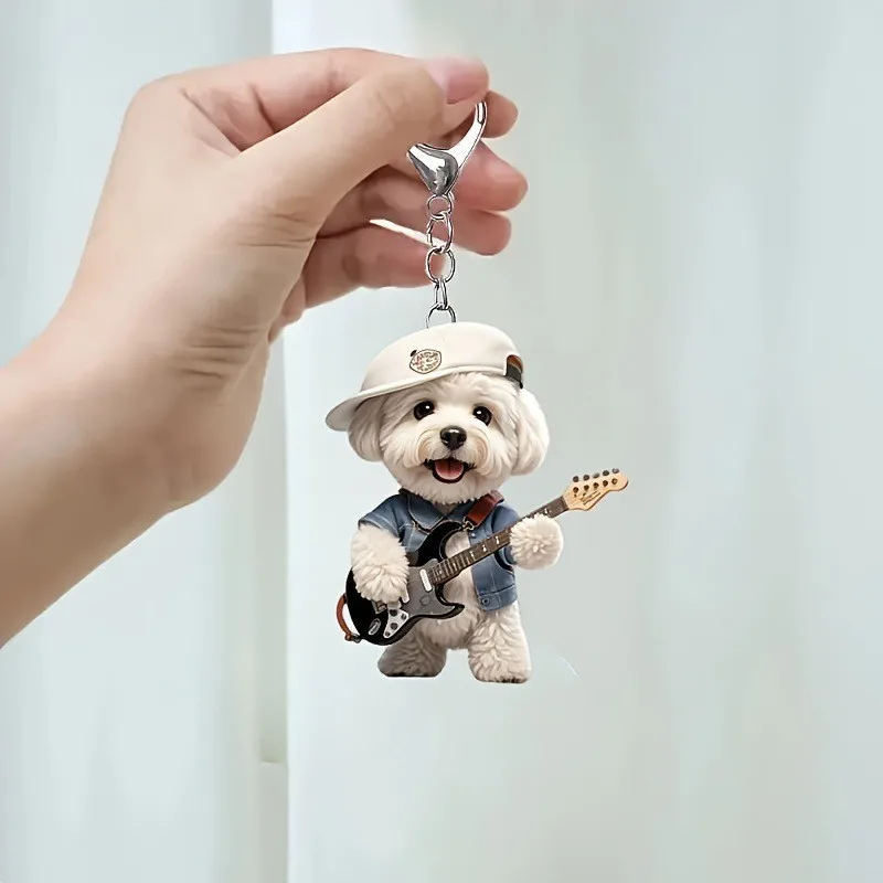 Porte-clés pendentif chien Shih Tzu guitare, breloque acrylique plate 2D chiot de dessin animé, pour miroir de voiture, sacs, festif, fête, décoration cadeau pour amoureux des animaux de compagnie