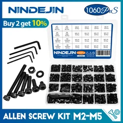1060pcs M2 M3 M4 M5 Hex Socket Screw Set Carbon Steel Flat Round Cap Head Screws Bolts and Nuts Assortment Kit with Storage Box