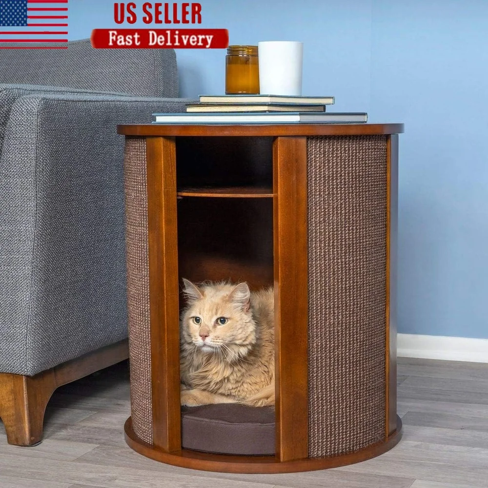 

Multipurpose Wooden Cat Bed Cave End Table Easy to Clean Modern Cat Furniture Sturdy Cat Nap Space with Removable Cushion