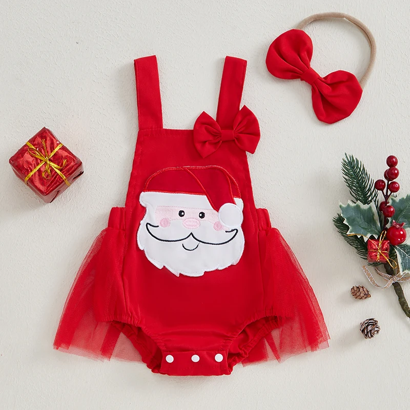 Baby Girl Christmas Outfit, Santa Claus Embroidery Sleeveless Patchwork Mesh Romper Dress Bow Headband 2 Piece Set