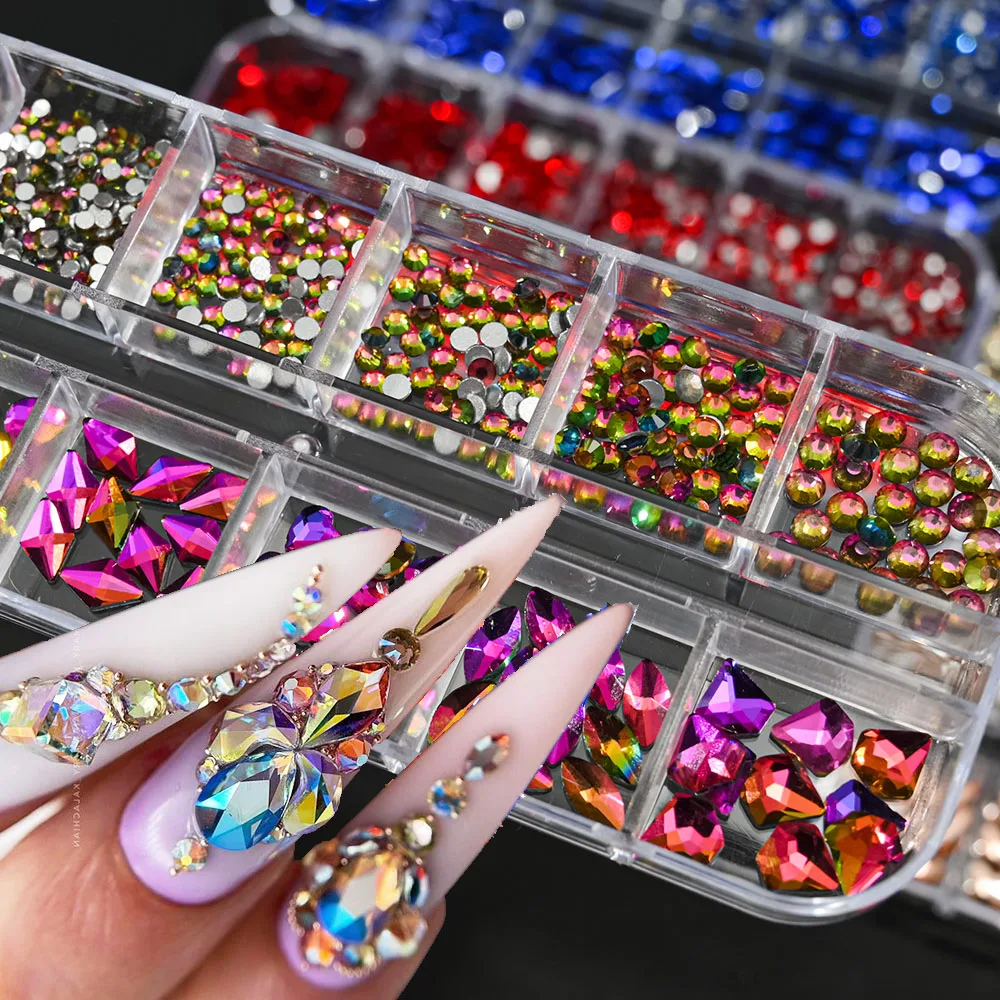 12 Grids SS4-SS16 Mixed Glass Stones Nail Rhinestones Clear/Pink/AB Diamond Luxury Gems Irregular Flatback Crystal Nail Charms