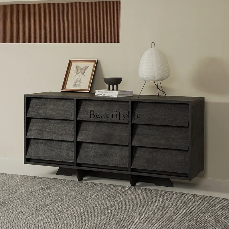 

Japanese-style wabi-sabi living room wall cabinet black teak solid wood sideboard cabinetLX