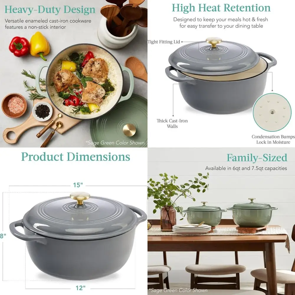 

Предварительно приправленная эмалированная литая железная голландская духовка семейного размера, сверхмощная посуда для домашнего использования, безопасная для духовки с крышкой, двойные ручки - зерно