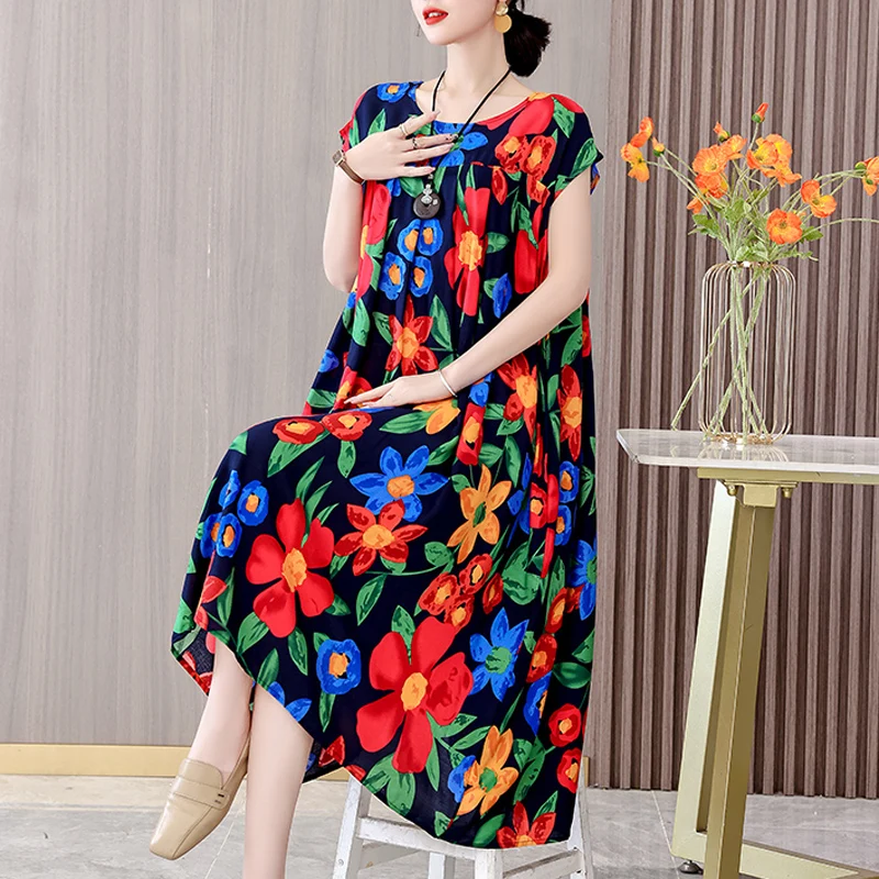 Plus Size Summer Dress Print Loose O-Neck Cotton Women Clothing Dresses